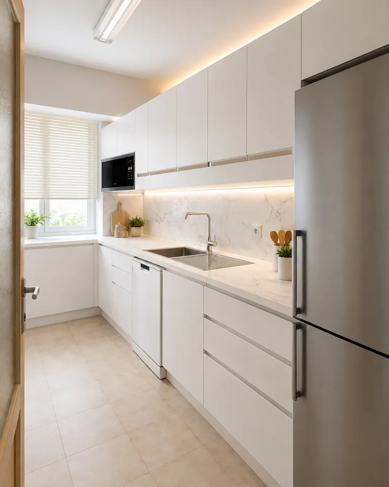 A mesma cozinha remodelada em lacado branco com bancada e resguardo em pedra clara